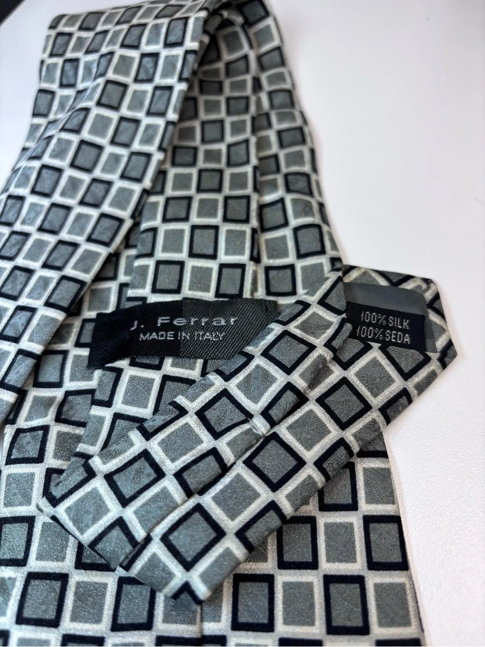 J.Ferrar Black,Olive and Cream Geometric Silk Tie Made in Italy EUC